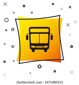 Black Bus icon isolated on white background. Transportation concept. Bus tour transport sign. Tourism or public vehicle symbol. Yellow square button. Vector Illustration