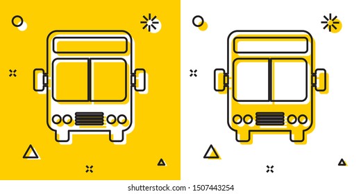 Black Bus icon isolated on yellow and white background. Transportation concept. Bus tour transport sign. Tourism or public vehicle symbol. Random dynamic shapes. Vector Illustration