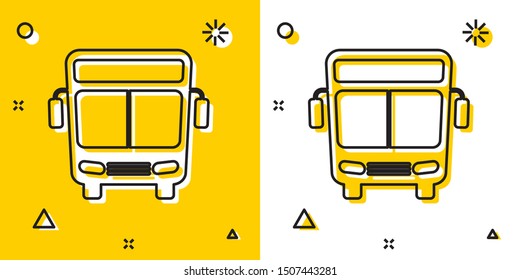 Black Bus icon isolated on yellow and white background. Transportation concept. Bus tour transport sign. Tourism or public vehicle symbol. Random dynamic shapes. Vector Illustration