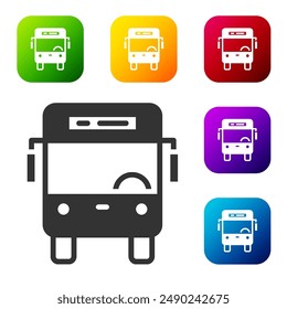 Black Bus icon isolated on white background. Transportation concept. Bus tour transport sign. Tourism or public vehicle symbol. Set icons in color square buttons. Vector