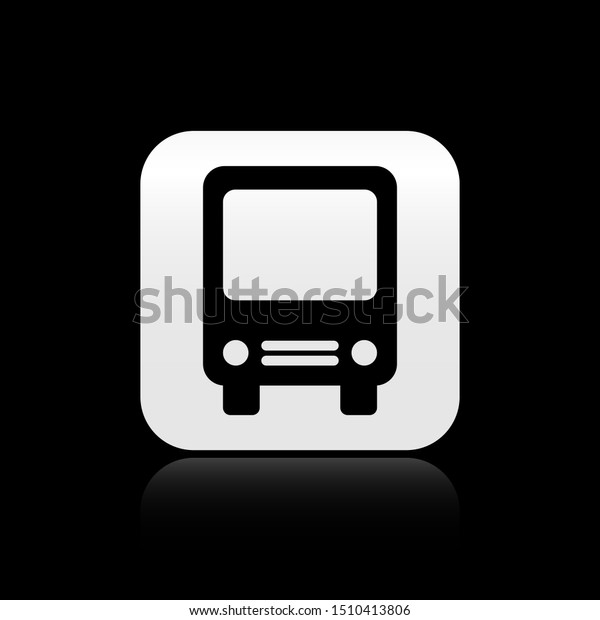 Black Bus icon\
isolated on black background. Transportation concept. Bus tour\
transport sign. Tourism or public vehicle symbol. Silver square\
button. Vector\
Illustration