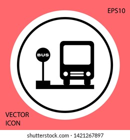 Black Bus stop icon isolated on red background. Transportation concept. Bus tour transport sign. Tourism or public vehicle symbol. White circle button. Vector Illustration