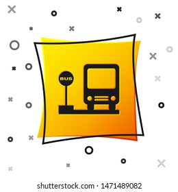 Black Bus stop icon isolated on white background. Transportation concept. Bus tour transport sign. Tourism or public vehicle symbol. Yellow square button. Vector Illustration