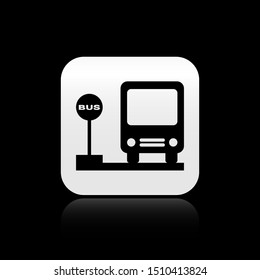 Black Bus stop icon isolated on black background. Transportation concept. Bus tour transport sign. Tourism or public vehicle symbol. Silver square button. Vector Illustration