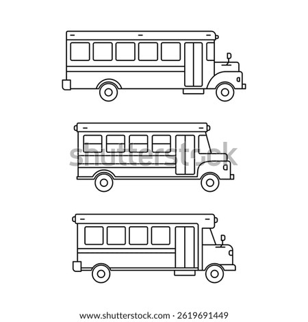 Black bus thin line icons collection set, simple modern urban transport flat design illustration drawing element for app ui ux web button, interface pictogram elements isolated on white background