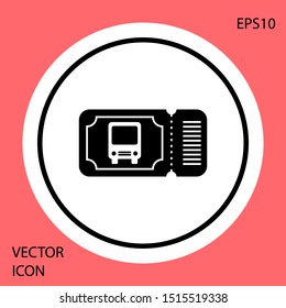 Black Bus ticket icon isolated on red background. Public transport ticket. White circle button. Vector Illustration