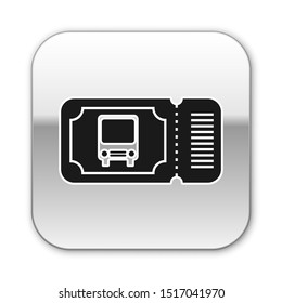 Black Bus ticket icon isolated on white background. Public transport ticket. Silver square button. Vector Illustration