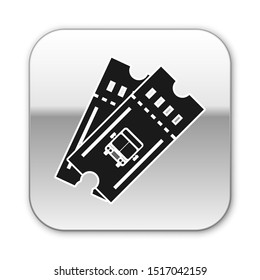 Black Bus ticket icon isolated on white background. Public transport ticket. Silver square button. Vector Illustration