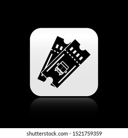 Black Bus ticket icon isolated on black background. Public transport ticket. Silver square button. Vector Illustration