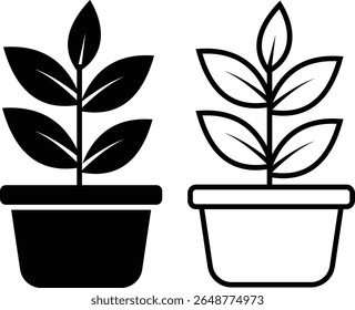 Black bush potted plant flat, line icon set. Silhouette growing home plant, seedling for decorating interior with nature, planting with cultivation in vectors garden. Symbol of growth, freshness, eco.