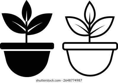 Preto arbusto envasado planta plana, conjunto de ícone de linha. Silhueta cultivando planta caseira, plântula para decorar o interior com a natureza, plantio com o cultivo em vetores jardim. Símbolo de crescimento, frescura, eco.