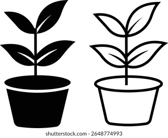 Black bush potted plant flat, line icon set. Silhouette growing home plant, seedling for decorating interior with nature, planting with cultivation in vectors garden. Symbol of growth, freshness, eco.
