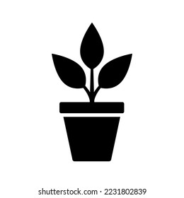 Black bush potted plant icon. Silhouette growing home plants and seedlings for decorating interior with natural decor and planting with cultivation in vector garden