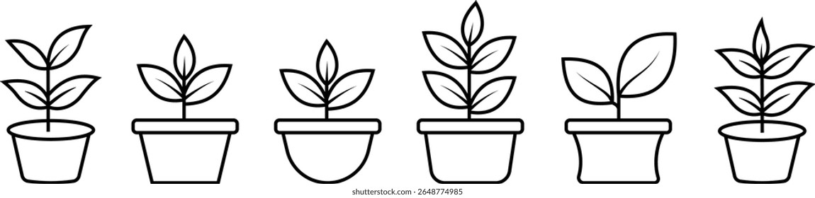 Black bush potted plant outline icon set. Silhouette growing home plant, seedling for decorating interior with nature, planting with cultivation in vectors garden. Symbol of growth, freshness and eco.