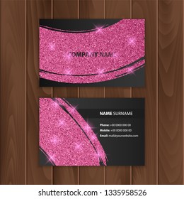 Black business card with glittering texture of Pink color, visit card on a wooden substrate, Vector EPS 10 illustration
