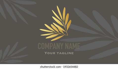 Black business card with gold leaves. Isolated design element for organic bio logo, natural and eco products, cosmetic, pharmacy, medicine, science. Vector leaves icon EPS10