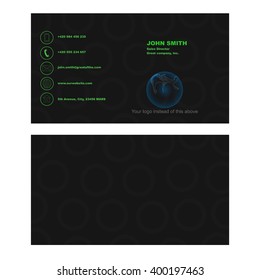 Black business card with rounded shape on background containing phone, email, website and location. 
