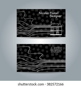 Black business card set template with white lines and white bricks. Company corporate style mockup.
