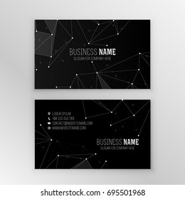 Black business card template with connected lines and dots. Abstract geometric background. Business, science, medicine and technology design. Modern vector card.