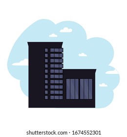 Black business center building, modern city house.Tower on the sky background.Commercial building, suitable for diagrams,infographics,illustration.Colorful vector illustration in flat cartoon style.