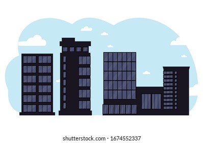Black business centers buildings and modern city houses.City illustration.Towers and buildings on the sky background. Flat cartoon design isolated on white background.Colorful vector illustration.