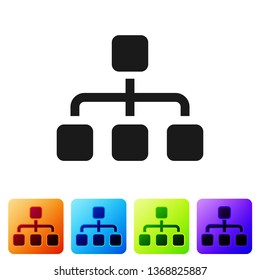 Black Business hierarchy organogram chart infographics icon isolated on white background. Corporate organizational structure graphic elements. Set icon in color square buttons. Vector Illustration