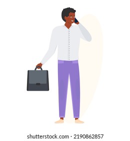 Black business man with a briefcase talking on the phone. Flat vector illustration. fast lifestyle concept.