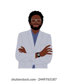 Black business man character in confident pose.