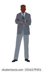 Black Business man character standing with his arms crossed. Handsome african american man wearing formal suit and tie. Vector realistic illustration isolated on white background