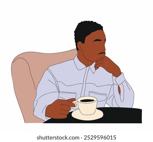 Black business man drinking coffee, tea. African american guy sitting with cup of hot beverage drink. Colored outline vector drawing isolated on white background.