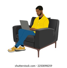 Hombre de Negros, empresario sentado en un sillón, trabajando en una laptop. Un hombre afroamericano guapo con un traje informal inteligente. Ilustración vectorial realista aislada en el fondo blanco.