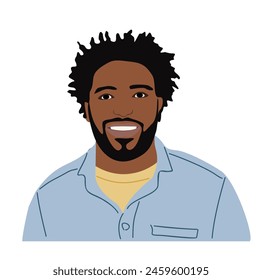 Black business man, face portrait avatar. Modern African American person. Bearded handsome guy, friendly kind male character smiling. Flat cartoon vector illustration isolated on white background.