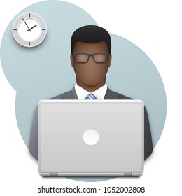 Black business man with glasses working on laptop. Successful young afro businessman dressed in a gray business suit and blue striped tie on wall background with office clock. Vector illustration