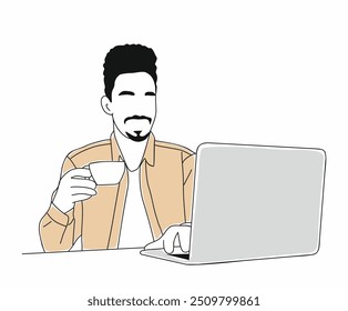 Hombre de negocios negro sentado en el escritorio, trabajando en la computadora portátil, bebiendo café de la mañana. Joven afroamericano en atuendo casual con taza de café o té. Dibujo de Vector de contorno aislado en blanco.