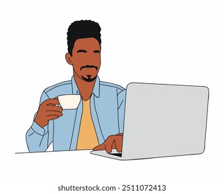 Hombre de negocios negro sentado en el escritorio, trabajando en la computadora portátil, bebiendo café de la mañana. Joven afroamericano en atuendo casual con taza de café o té. Dibujo de Vector de contorno aislado en blanco.