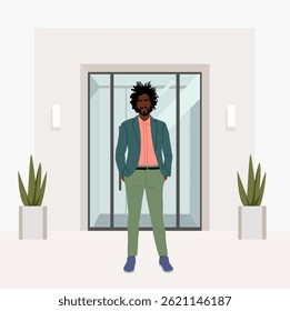 Black business man in a suit stands in front of a glass door, entrance of modern office building. Colorful flat vector illustration