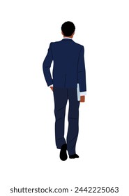 Black business man in suit walking rear view.