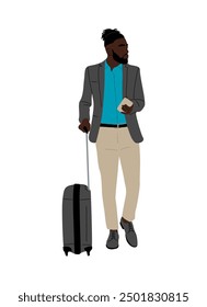 Black business man in suit walking with suitcase. Handsome guy with afro hair holding mobile phone. Business travel concept flat vector illustration isolated on white background.