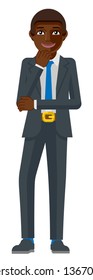 A black business man thinking with his hand on his chin mascot concept