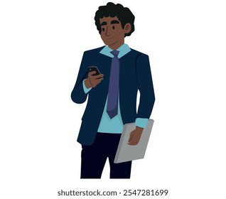 Homem de negócios negro usando celular. Pessoa segurando smartphone, celular na mão, olhando, lendo mensagem de trabalho. Trabalhador do escritório e dispositivo de célula. Ilustração de vetor plano isolada no plano de fundo branco