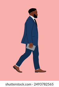 Black business man walking side view, holding digital tablet. African american bearded man wearing formal suit. Vector male character isolated on pink background.