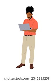 Black business man working at laptop. African american guy wearing smart casual office outfits standing, looking at computer. Vector realistic illustration isolated on white background