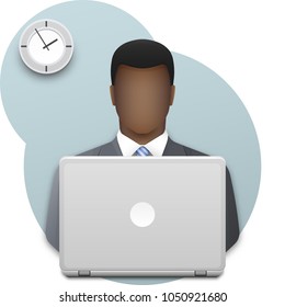 Black business man working on laptop. Successful young afro businessman dressed in a gray business suit and blue striped tie with laptop on wall background with office clock. Vector illustration