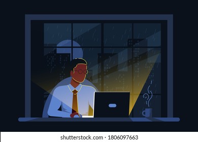 Black business man working on computer at the desk in office in the night. Big city silhouette on background on the window. Flat style illustration