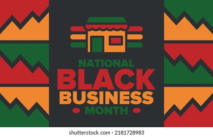 Black Business Month in August. Celebrated annual in United States. Support African American community. Black-owned businesses campaign. Poster, greeting card, banner, background. Vector illustration