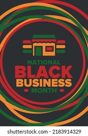 Black Business Month in August. Celebrated annual in United States. Support African American community. Black-owned businesses campaign. Poster, greeting card, banner, background. Vector illustration