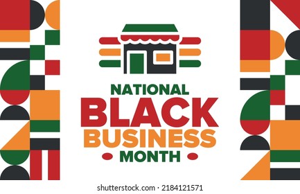 Black Business Month in August. Celebrated annual in United States. Support African American community. Black-owned businesses campaign. Poster, greeting card, banner, background. Vector illustration