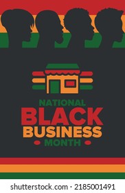 Black Business Month in August. Celebrated annual in United States. Support African American community. Black-owned businesses campaign. Poster, greeting card, banner, background. Vector illustration