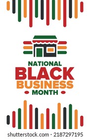 Black Business Month in August. Celebrated annual in United States. Support African American community. owned businesses campaign. Poster, greeting card, banner, background. Vector illustration