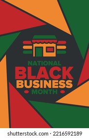 Black Business Month in August. Celebrated annual in United States. Support African American community. Black-owned businesses campaign. Poster, greeting card, banner, background. Vector illustration